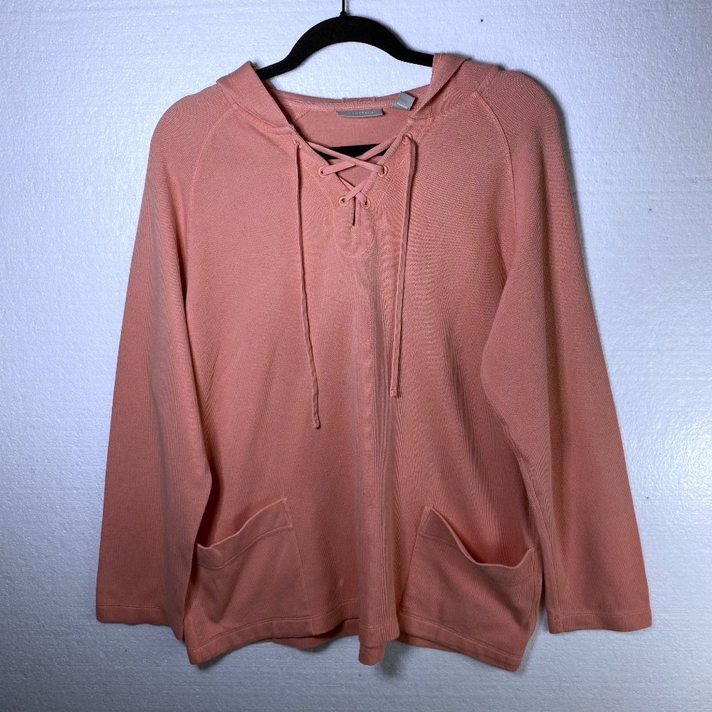 Nordstrom Women's Size Large Pink Lace Front Pockets Hoodie Pullover Sweater